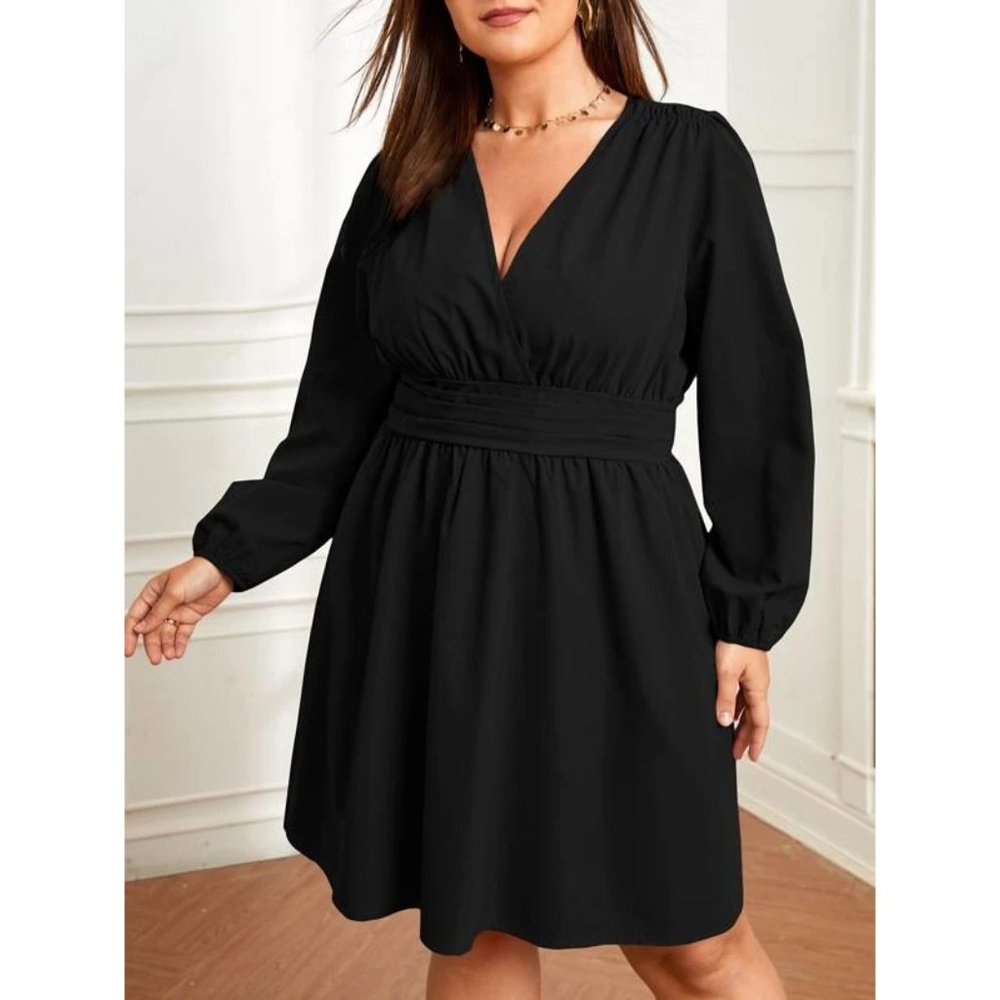 NEW Womens Plus Surplice Neck Lantern Sleeve Dress 4XL Plus 20 Black - Picture 2 of 6